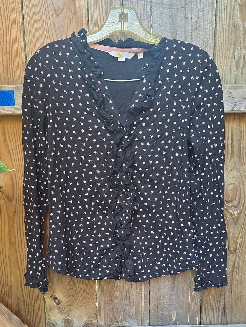 Boden Black Ruffle-Trim Button Front Top with Pink Dot Print
